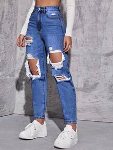 EURMUSE Women's High Waist Pockets Distressed Casual Versatile Denim Jeans - Dark Wash - View 5