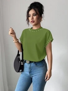 Elenzga Women's Black Round Neck Short Sleeve T-Shirt With Bubble Pearls - Green - View 5