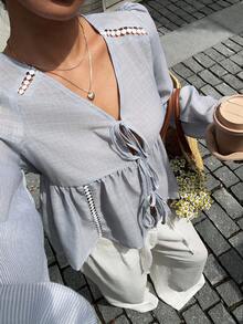 Sunnyshic 条纹系带撞色镂空碎花灯笼袖衬衫 - 霧霾藍 - 查看 1