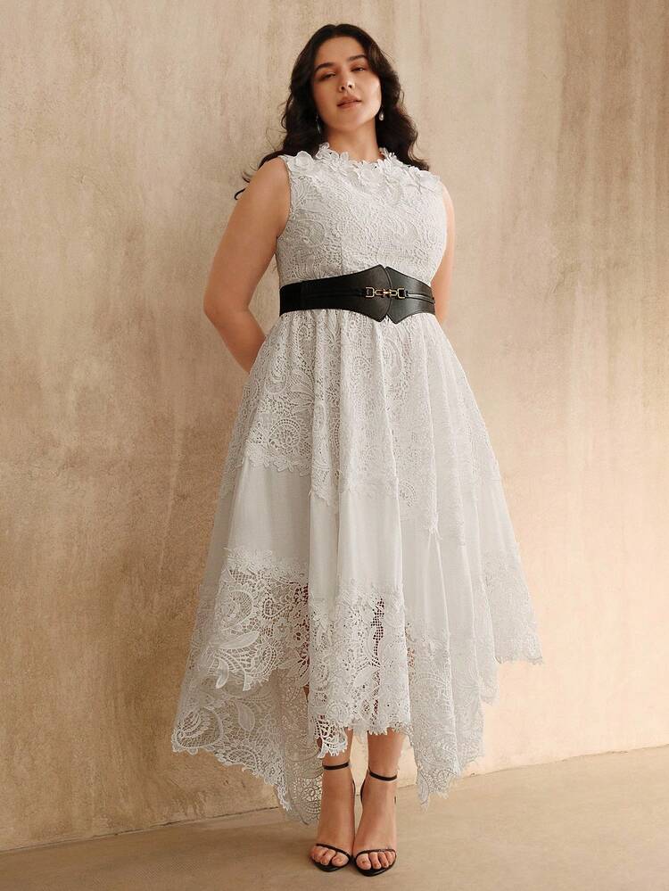 Water-Soluble Lace Embroidery French Elegant Waist Cinched Sleeveless Patchwork Dress