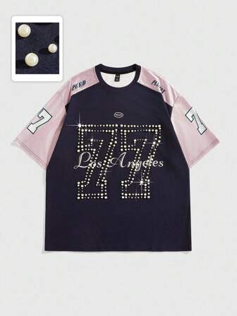 Prep Men's Faux Pearl Decor Numeral Printed Short Sleeve Casual T-Shirt, Summer