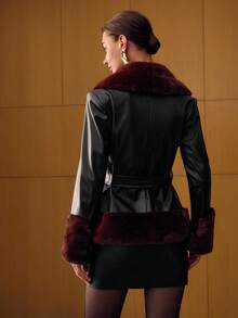 MOTF PREMIUM PU LEATHER PATCHWORK FAUX FUR COLLAR BELTED COAT FOR WOMEN - Black - View 4