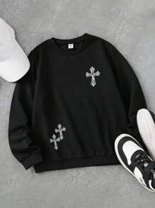 SHEIN Coolqubz 青少年男孩 Y2K 哥德風 Grunge 圖案印花運動衫，休閒寬鬆版長袖圓領套頭街頭風上衣，適合春季、秋季、初冬 - 黑色 - 查看 7
