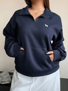 Dazy Plus Áo nỉ nữ dáng rộng, lót giữ nhiệt, in họa tiết, khóa kéo nửa thân, phong cách đường phố, cỡ lớn, dành cho nữ, mùa xuân/thu. - Màu xanh hải quân - Xem 8