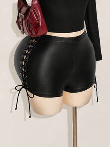 SHEIN ICON Shorts mini sexy negro de talle bajo con lazo lateral, adecuado para fiestas y reuniones, talla grande Y2K