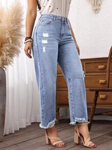 Plus Size Women Cowgirl Blue Inelastic Distressed Frayed Hem Loose Fit Cropped Jeans, Rodeo Outfits - Blue - View 5