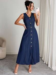 Elenzga 女式休闲无袖 V 领纽扣前洗水牛仔布连衣裙，带口袋 - 深色水洗藍 - 查看 6