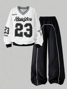 SHEIN Streecool Kids 2pcs/Set Teen Girls V-Neck Letter Print Hoodie Sweatshirt And Cargo Pants Casual Outfit Fall Winter