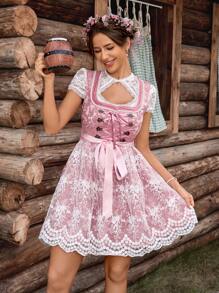 SHEIN Frenchy 慕尼黑啤酒节 Dirndl 女式荷叶边甜心领结刺绣网眼下摆无袖优雅迷你连衣裙，非常适合下午茶、音乐会、早午餐和慕尼黑啤酒节 - 粉色 - 查看 2