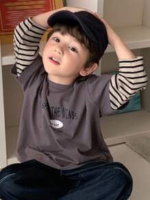 Hapijoa 幼儿男童宽松休闲条纹拼接袖二合一字母印花T恤，秋季款 - 灰色 - 查看 5