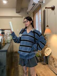 DAZY Women's Collared Korean Style Striped Casual Solid Color Back To School Long Sleeve Sweater Fall - Blue - View 4