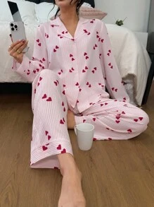 Dream Adore Women's Collared Heart Striped Long Sleeve Pink Top & Pants, Valentines Day Pajama Set, Fall Winter Clothes Cozy And Elegant Details