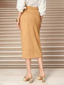 SHEIN Unity Avenne 优雅女士纯色铅笔裙，腰部配有搭扣，侧边开衩设计 - 卡其色 - 查看 2