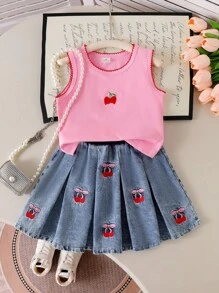 2pcs/Set Girls (Small) Cute Round Neck Knitted Cherry Embroidered Sleeveless Top And Denim Pleated Embroidered Denim Skirt, Sweet And Lovely Summer Outfit Girls Cherry Outfit Set Girls Denim Skirt Set Summer Girls Outfit Toddler Girl Clothes 2pc Girls Outfit Set Fall Winter