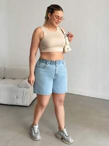 SHEIN Cottnline شورت جينز صيفي بمقاس كبير مع خصر كيس ورقي وجيوب مائلة - أزرق فاتح - مشاهدة 5