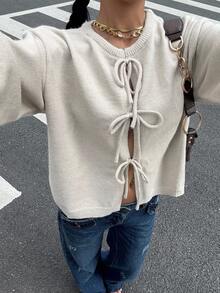 Muchica 女装秋季新款纯色打结长袖开衫，通勤极简主义办公室装，复古简约，女式前系带腰带纯色针织毛衣开衫，可内搭T恤，长袖上衣，适合日常出街穿着 - 杏色 - 查看 3