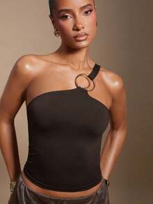 Hauture 女式纯色环状连接无袖时尚修身衬衫 - 卡其色 - 查看 1