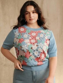 Anewsta Plus Size Hollow Crochet Asymmetrical Floral Knit Sweater - Blue - View 3