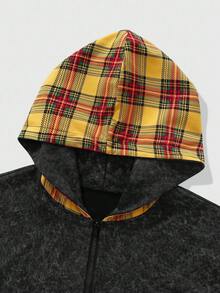 ROMWE MEN Street Life Herren Karomuster Patchwork Reißverschluss Kapuzenpullover - Verschiedenfarbig - Übersicht 3