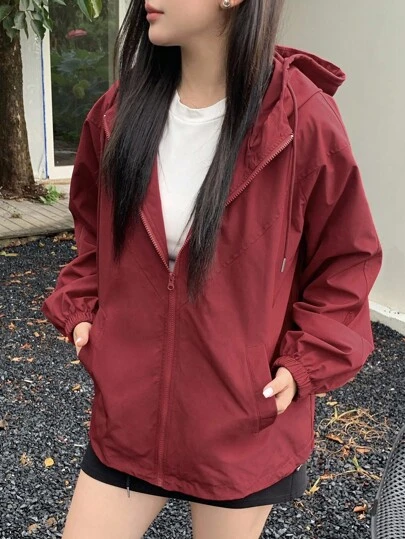 Dazy Plus Christmas Loose Fit Solid Burgundy Hooded Long Sleeve Casual Jacket, Plus Size For Women, Autumn Women Coats