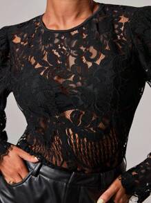 COSMINA 女士时尚性感透明蕾丝泡泡袖衬衫 - 黑色 - 查看 6