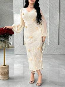 Modelyn Women's Elegant 3D Floral Embroidery Dress - Apricot - View 7