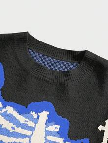 ROMWE MEN Goth Men's Crew Neck Drop Shoulder Long Sleeve Creative Skull Pattern Jacquard Casual Pullover Sweater , Fall Winter - Blue - View 4