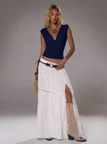 TRNVIE Women's Deep V-Neck Tight Casual Versatile Top, Spring/Summer - Navy Blue - View 5