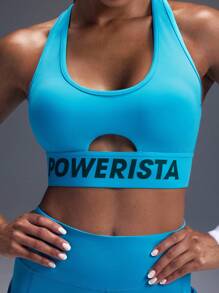 Powerista 女士字母图案镂空设计日常健身运动文胸 - 藍色 - 查看 1