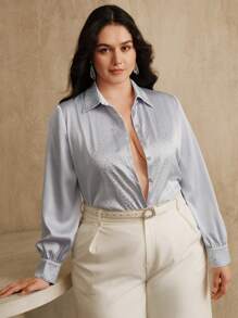 Anewsta Plus Size Women's Solid Color Rhinestone Embellished Collar Commuter Shirt - Blue - View 3