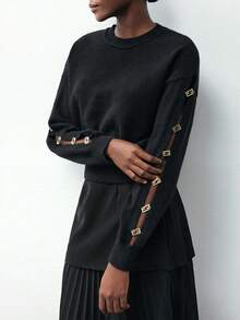 Maija 女士黑色袖子金属装饰镂空设计休闲宽松圆领落肩长袖毛衣，百搭舒适，时尚，适合春秋冬 - 黑色 - 查看 5