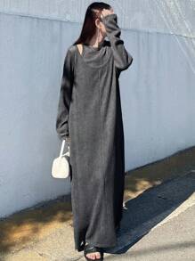 FRIFUL Đầm suông dài tay màu xám đậm trơn cho nữ, Bộ đồ hai mảnh thường ngày, Mùa thu - Màu xám đen - Xem 2
