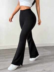 SHEIN EZwear 女式纯色休闲开衩紧身喇叭裤 - 黑色 - 查看 6