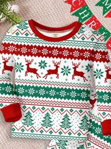 SHEIN Baby Boy Christmas Themed Casual Slim Fit Round Neck Comfortable Long Sleeve & Long Pants Pajama Set, Suitable For Autumn/Winter - Multicolor - View 4