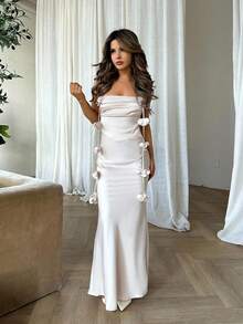 Jemour 女士花朵细肩带露背连衣裙鸡尾酒会婚礼晚礼服 - 香檳色 - 查看 6