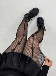 SHEIN CURVE+ Plus Size Punk Sweet Y2K Black Sheer Butterfly Print Leggings Plus Size Fishnet Tights Bow Tights/Autumn /Winter Halloween - Black - View 3