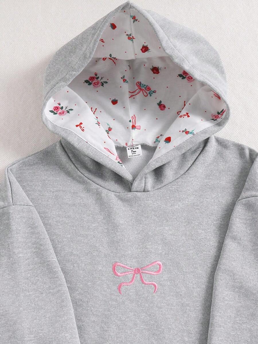 1pc Teen Girl Loose Fit Hooded Sweatshirt With Bow Embroidery Design, Long Sleeve, Pullover Sweatshirt, Autumn - Grey - View 1