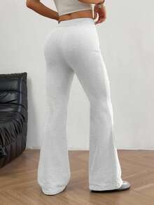 SHEIN EZwear 女式休闲百搭刺绣抽绳腰喇叭裤 - 淺灰色 - 查看 2