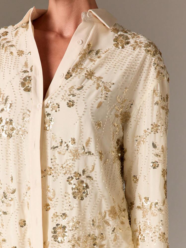 Oversized Sequin Floral Button Down Shirt With Long Sleeves