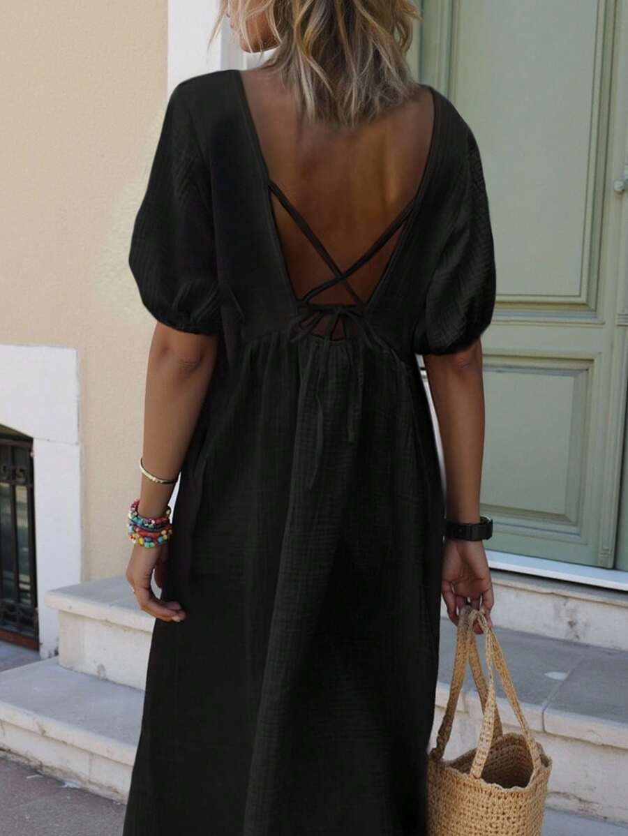 INAWLY 女士时尚休闲度假露背简约短袖连衣裙 - 黑色 - 查看 1