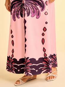 CAJUNI 女式波西米亚风香蕉树和菠萝印花镂空腰后绑带无袖粉色连衣裙，假日休闲夏装 - 粉色 - 查看 7