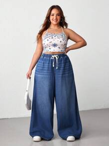 SHEIN CURVE+ 大码宽松阔腿蓝色牛仔裤 - 深色水洗藍 - 查看 7