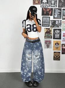 StreetHx Pantalones harem de mezclilla con bolsillos, de talle bajo y rotos, estilo punk callejero para mujeres - Azul lavado medio - Ver 3