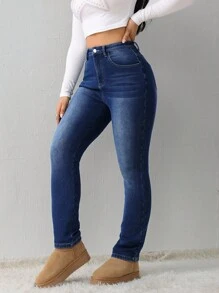 SHEIN Tall 女士休闲紧身弹力加绒牛仔裤 蓝色女士牛仔裤 冬季女士牛仔裤 保暖牛仔裤 高个女士牛仔裤 冬季保暖牛仔裤 泰迪熊牛仔裤 泰迪熊保暖毛绒牛仔裤 泰迪熊内衬牛仔裤 保暖内衬牛仔裤 女士牛仔裤 保暖牛仔裤 - 藍色 - 查看 4