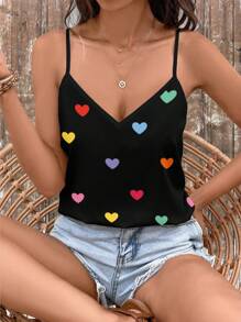SHEIN LUNE Vacation Casual Minimalist All-Over Heart Pattern V-Neck Camisole, Fitted For Women, Suitable For Summer - White - View 5