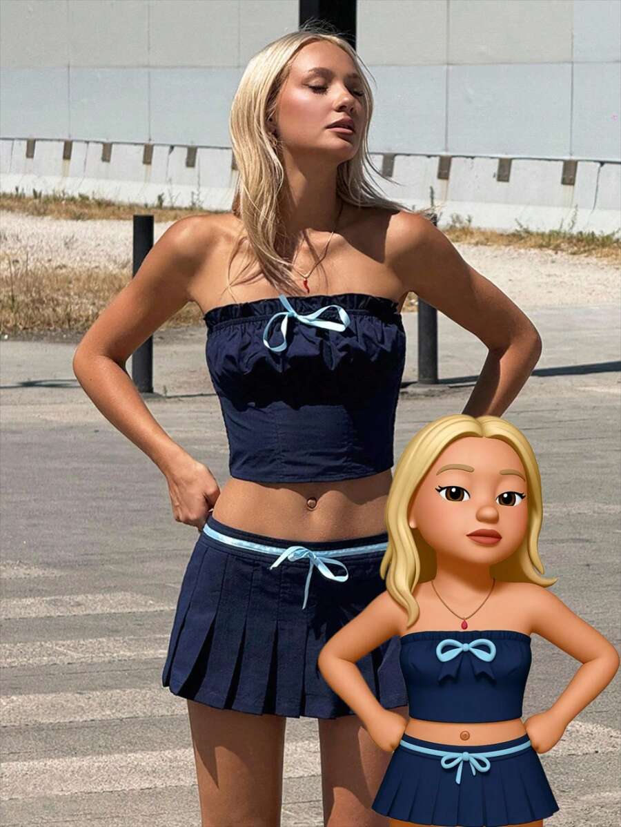 SHEIN ICON 2 件套女士海军蓝外出蝴蝶结装饰褶饰短款抹胸上衣和低腰迷你裙套装