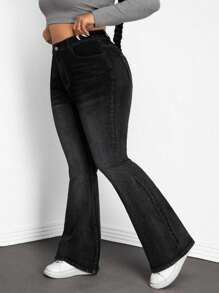 SHEIN EZwear 大码女式高腰口袋喇叭裤休闲百搭牛仔裤 - 黑色 - 查看 4