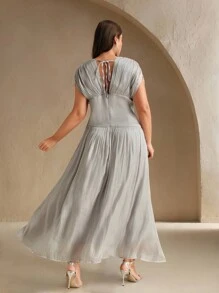 Anewsta 大码女式 V 领短袖串珠链褶腰露背系带长裙，优雅精致，夏季 - 灰色 - 查看 2