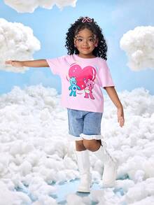 SHEIN X Care Bears 少女卡通熊图案圆领宽松休闲短袖针织T恤夏季 - 粉色 - 查看 5