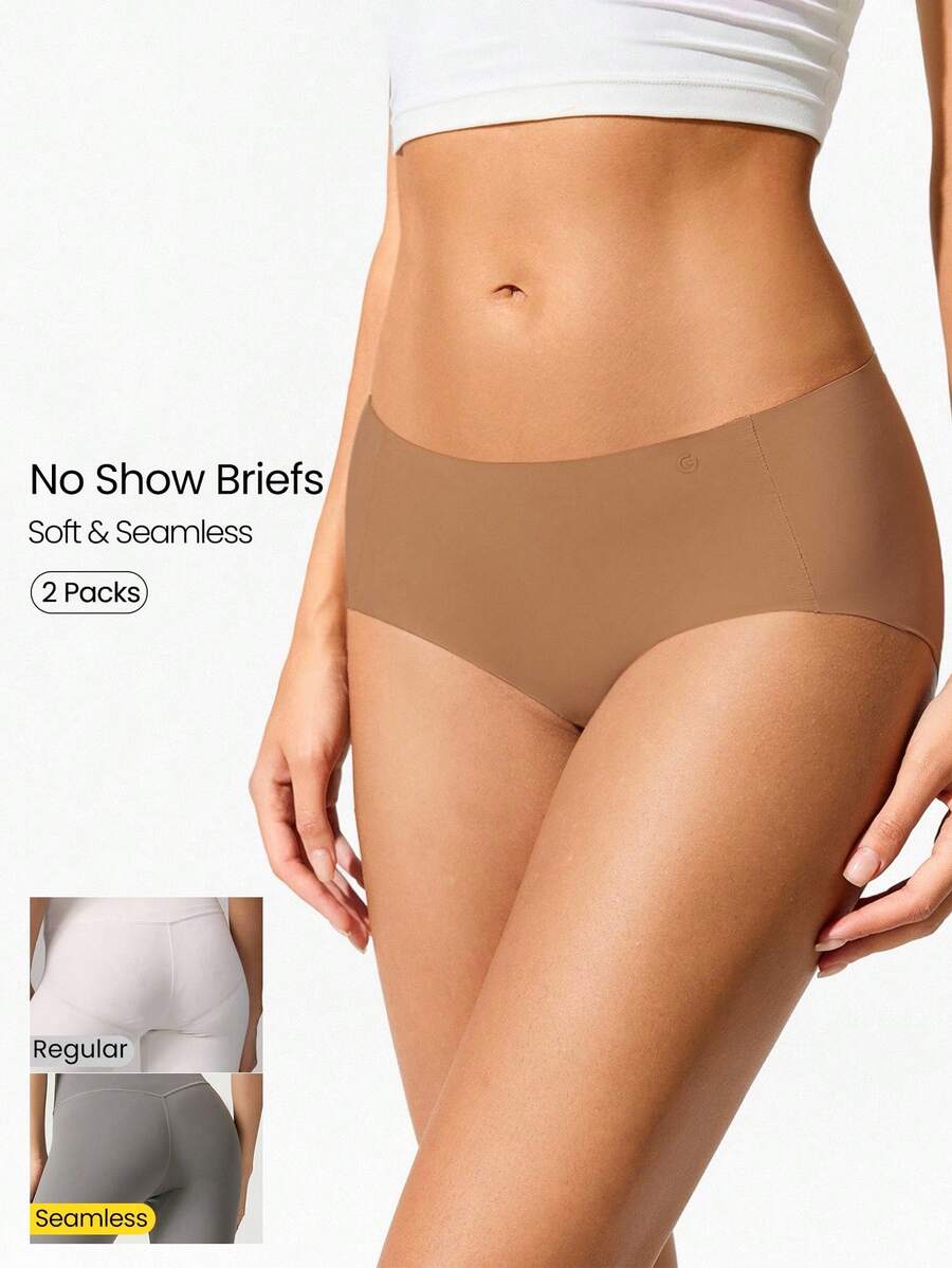 GLOWMODE 2 Packs Lightweight Breathable Sweat-Wicking Mid-Waist Full Coverage Seamless No-Show Underwear Daily Workout - Brown - View 1
